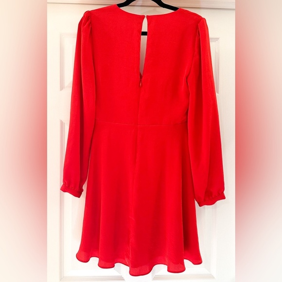 Express Satin Long Sleeve Surplice Fit and Flare Blouson mini Dress Red sz Small - Picture 6 of 8